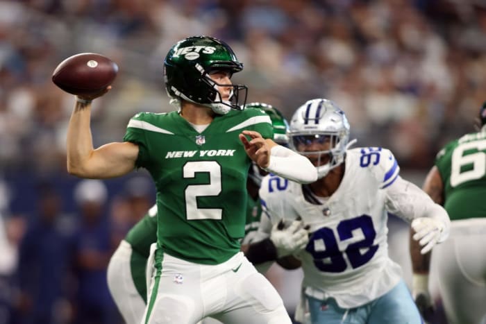 Jets quarterback Zach Wilson was under pressure against the Cowboys and is struggling since having to replace Aaron Rodgers as the team's starter.